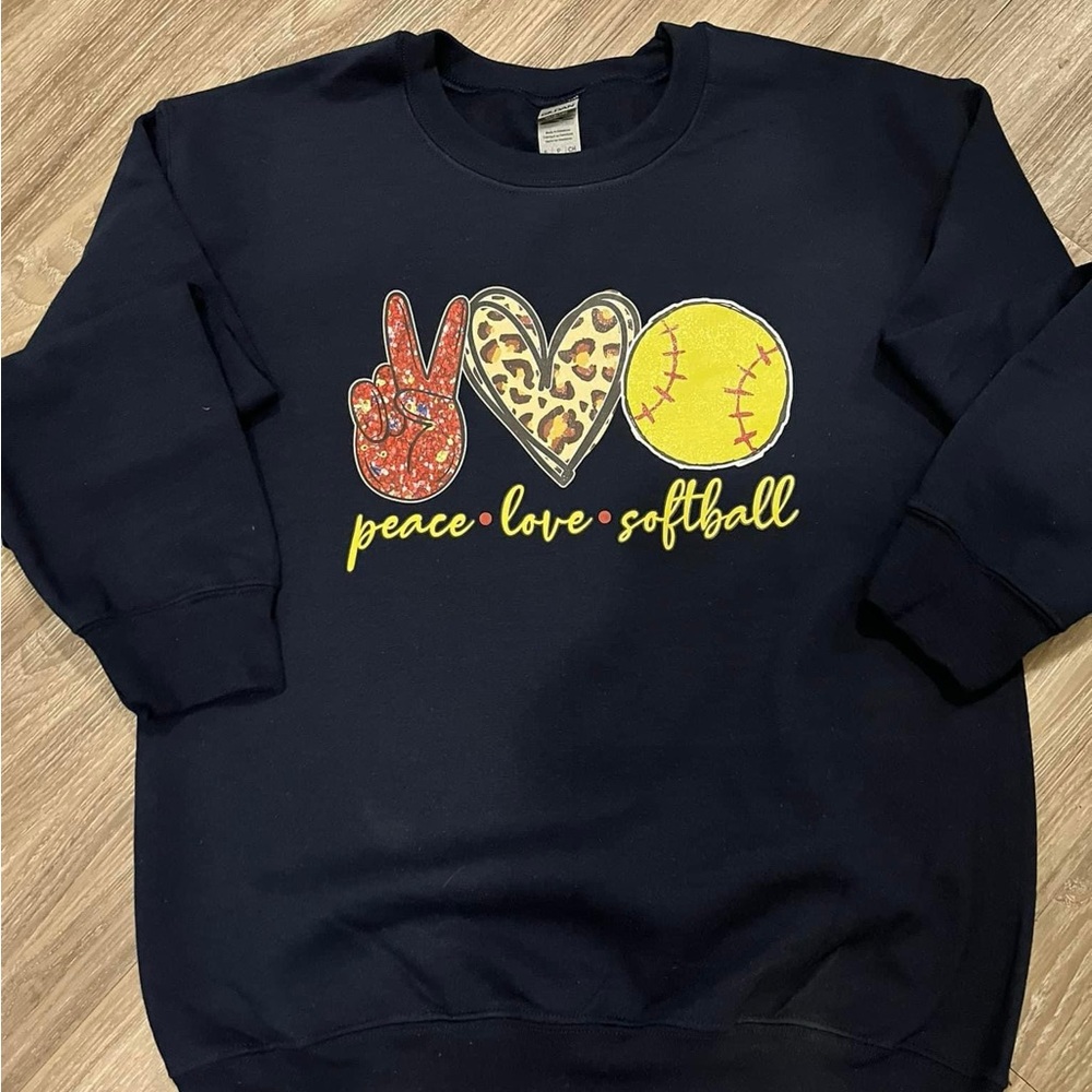 Dark blue sweatshirt with Peace, Love, Softball design
